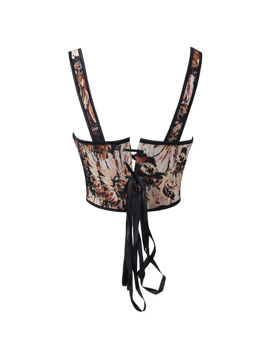 Floral Jacquard Corset Top with Sweetheart Neckline and Lace-Up Straps