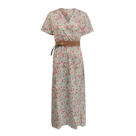 Floral Print A-Line Maxi Dress with Belt and Short Sleeves