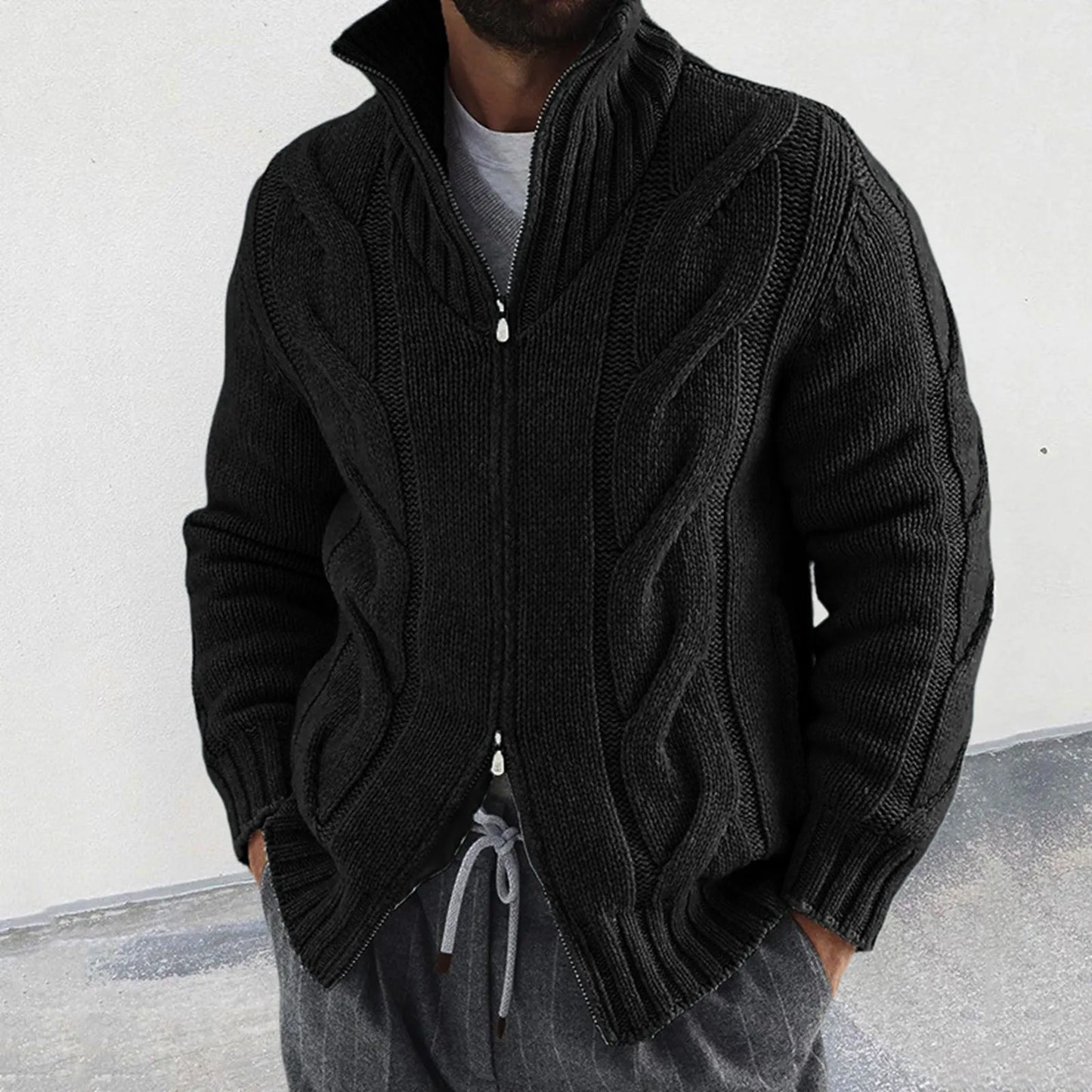 Men's Textured Zip Front Knit Cardigan with Relaxed Casual Hooded Design