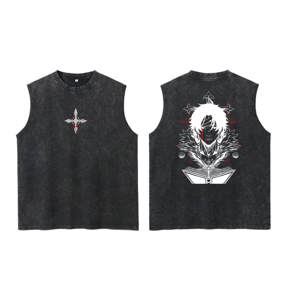 Dark Alternative Cotton Sleeveless Tank Top with Gothic Crest Graphic Streetwear Design