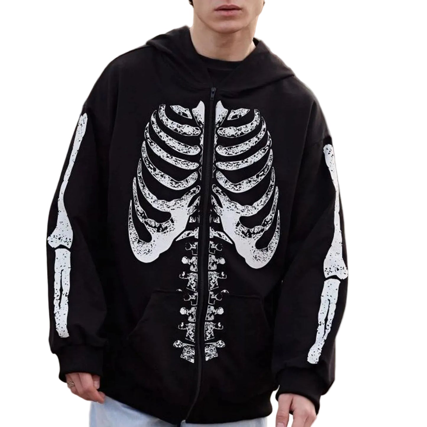 Skeleton Graphic Zip Hoodie with Anime Goth Streetwear Aesthetic
