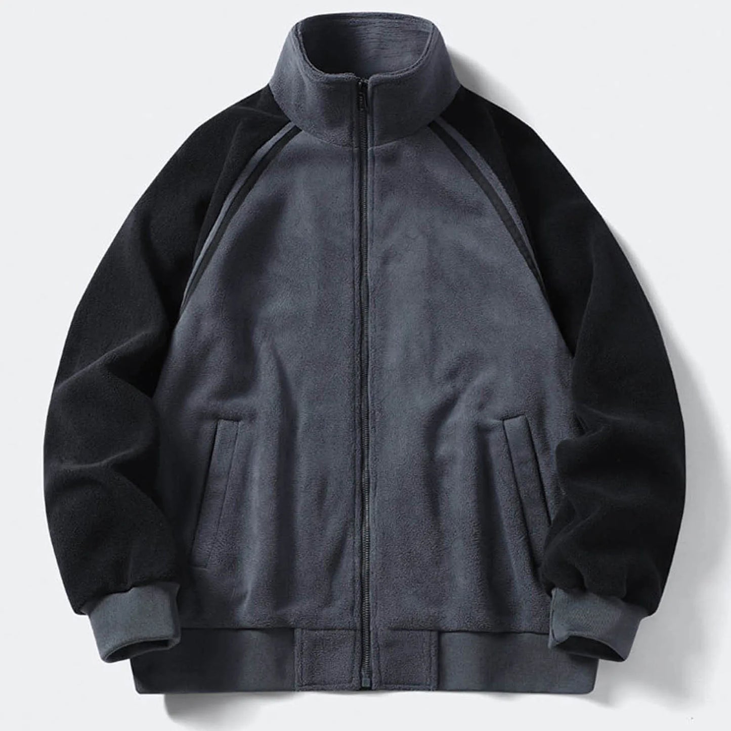 Men's Stand Collar Full Zip Fleece Jacket with Utility Pockets for Modern Streetwear Style
