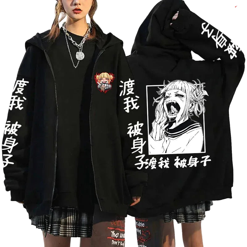 Anime Manga Streetwear Zip Hoodie With Dark Graphic Illustration Artwork