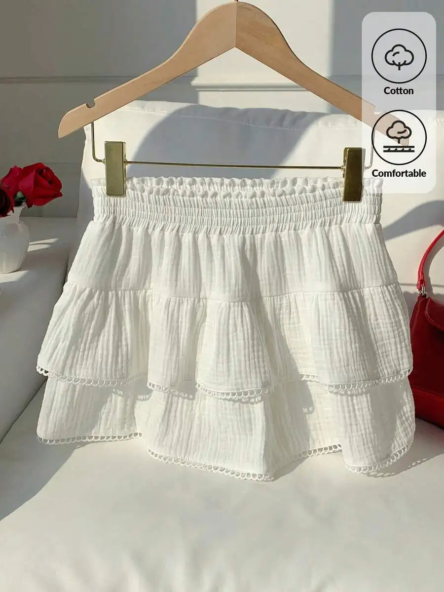 Tiered Ruffle Mini Skirt with Lace Hem Lightweight A-Line Design
