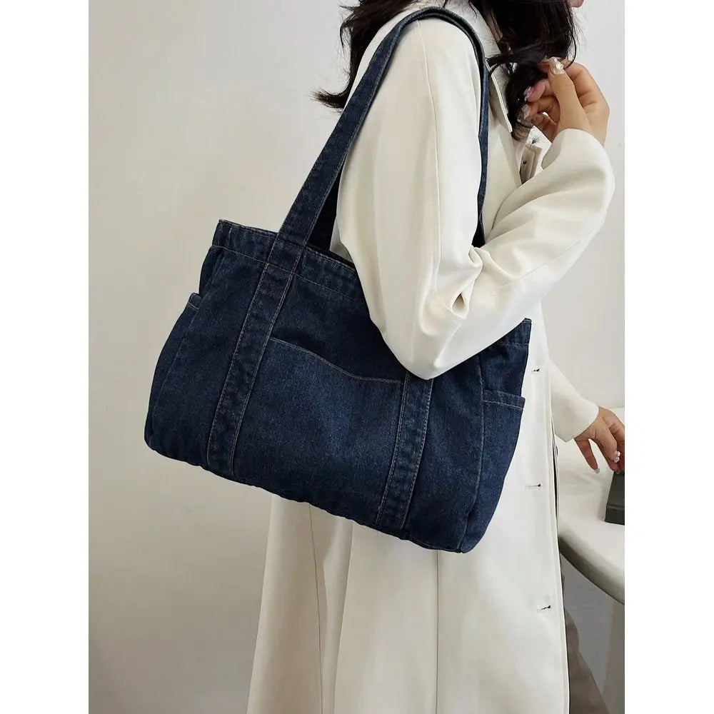 Soft Structured Denim Style Tote Shoulder Bag with Everyday Capacity