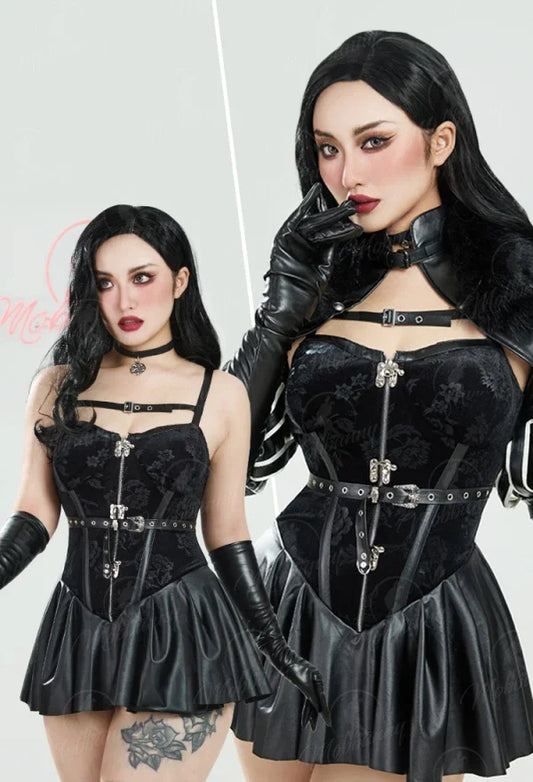 Women's Velvet Dress Set with Cropped Jacket, Belt and Coordinated Fashion Accessories