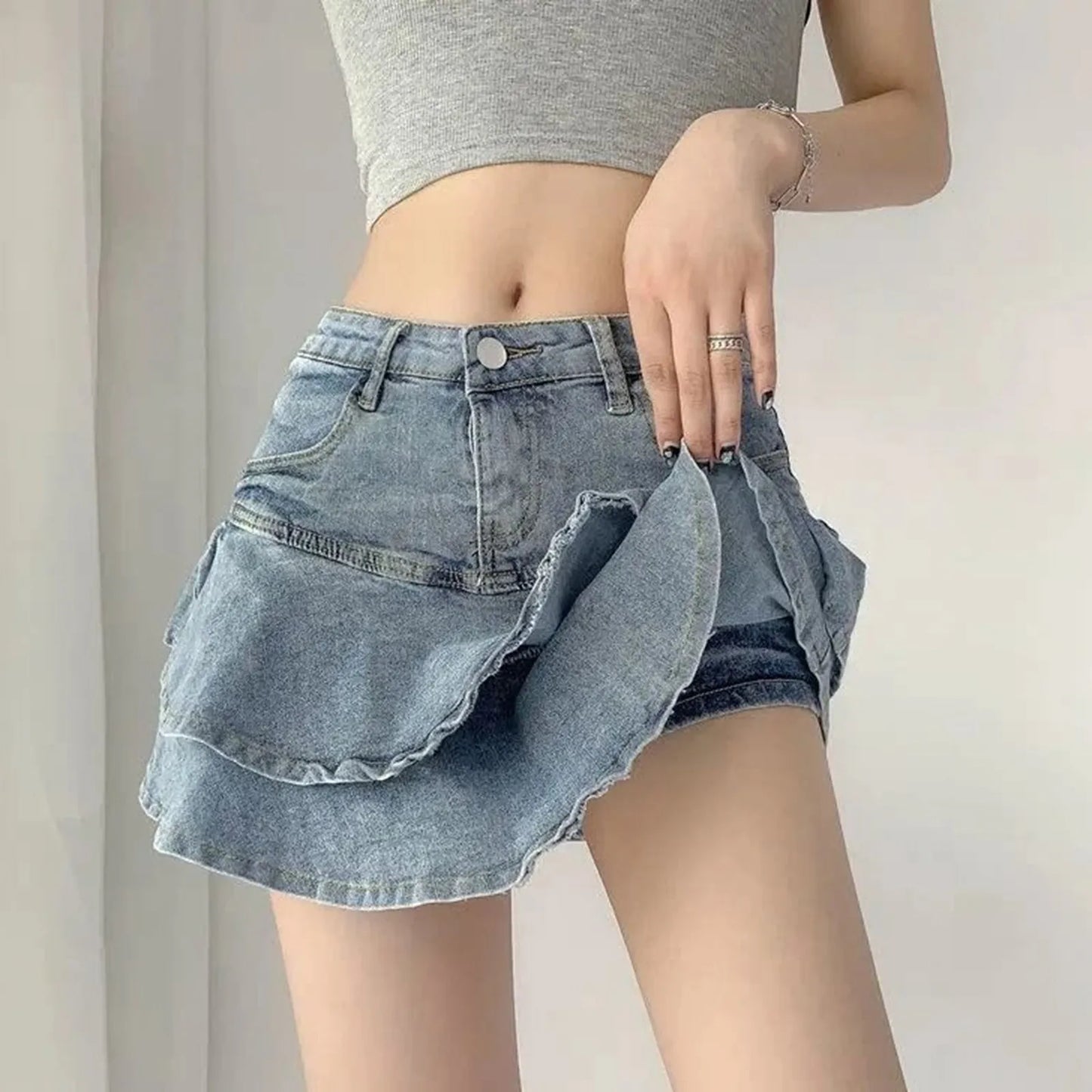 Layered Ruffle Denim Look Mini Skirt with Tiered Streetwear Silhouette