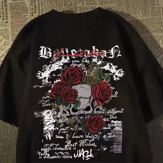 Goth Manga Streetwear Tee with Vintage Skull Floral Graphic Artwork