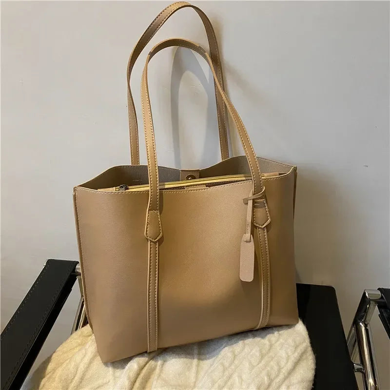 Minimal Structured Faux Leather Tote Shoulder Bag with Large Capacity