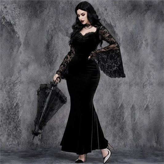 Velvet Gothic Mermaid Dress with Lace Sleeves and Dark Elegance