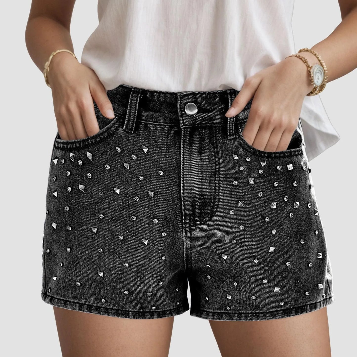 Women's High Waist Denim Style Shorts with Decorative Stud Details and Everyday Casual Fit