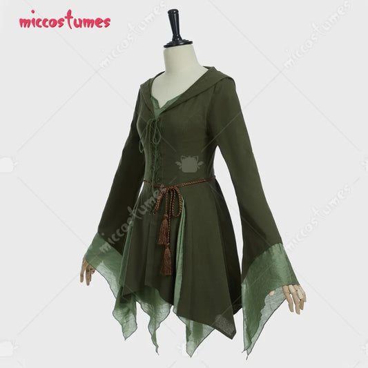 Women's Renaissance-Inspired Linen Blend Dress with Bell Sleeves and Adjustable Waist Belt