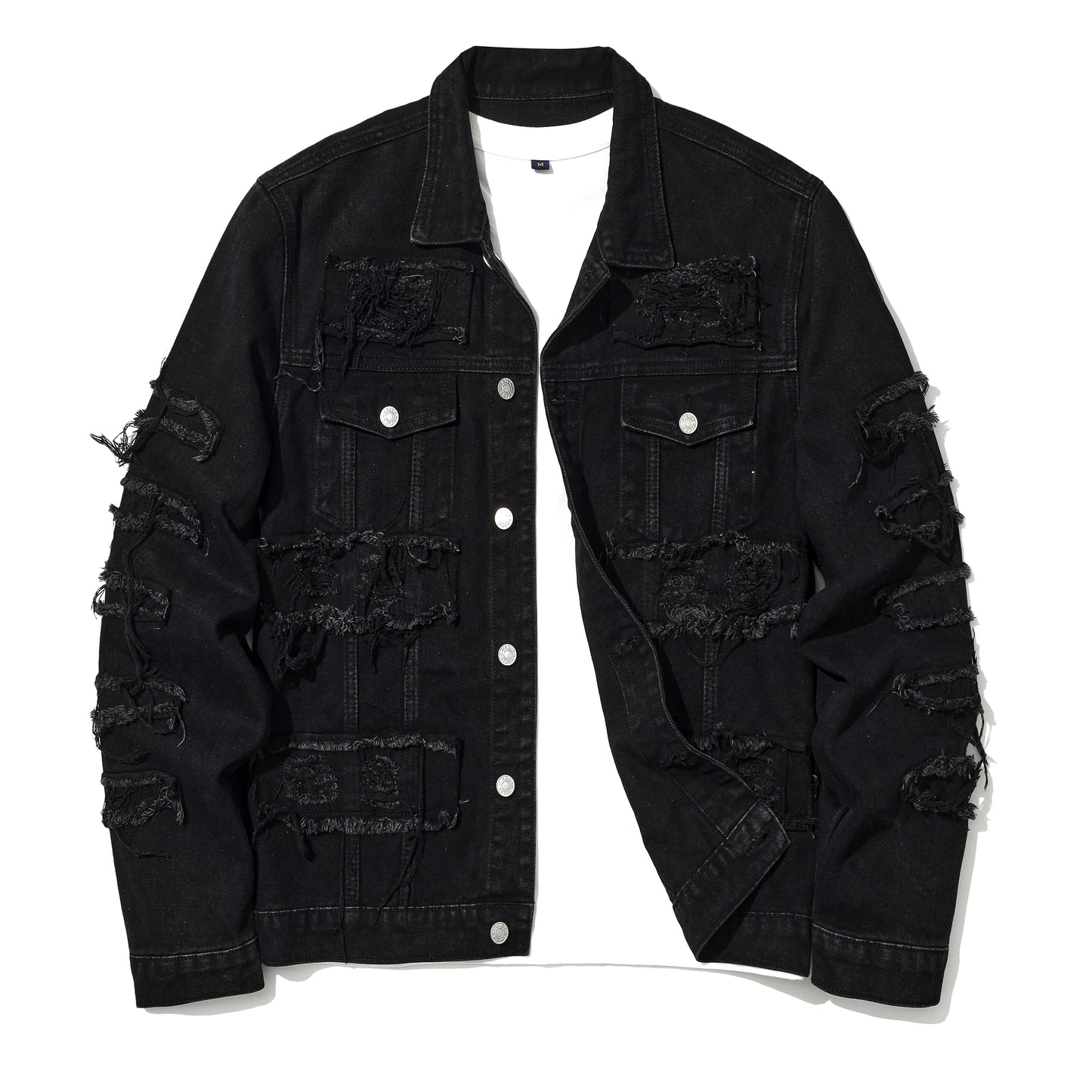 Men's Distressed Denim Jacket with Layered Patchwork Streetwear Design