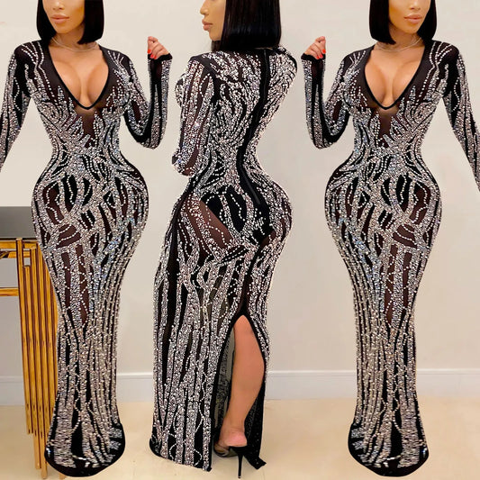 Sheer Sleeve Rhinestone Detail Maxi Dress with Bodycon Silhouette and Slit