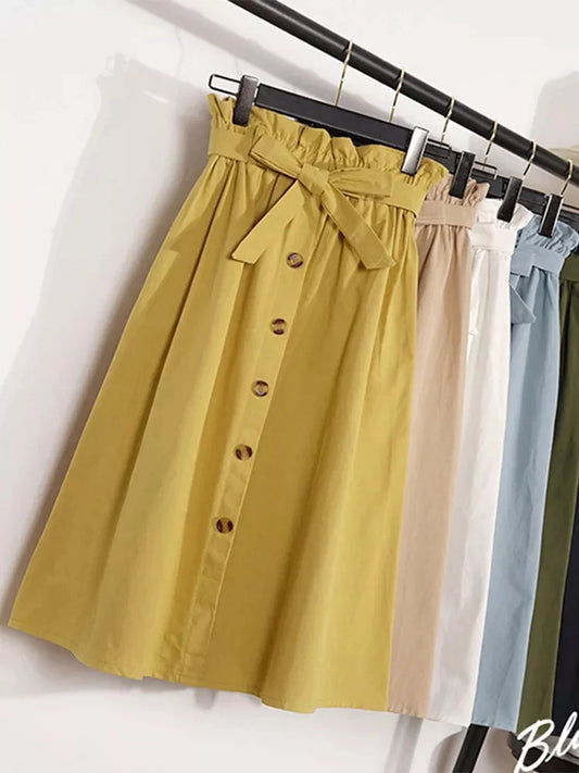 High Waist Pleated Midi Skirt with Button Front Elegant Contemporary Everyday Fashion