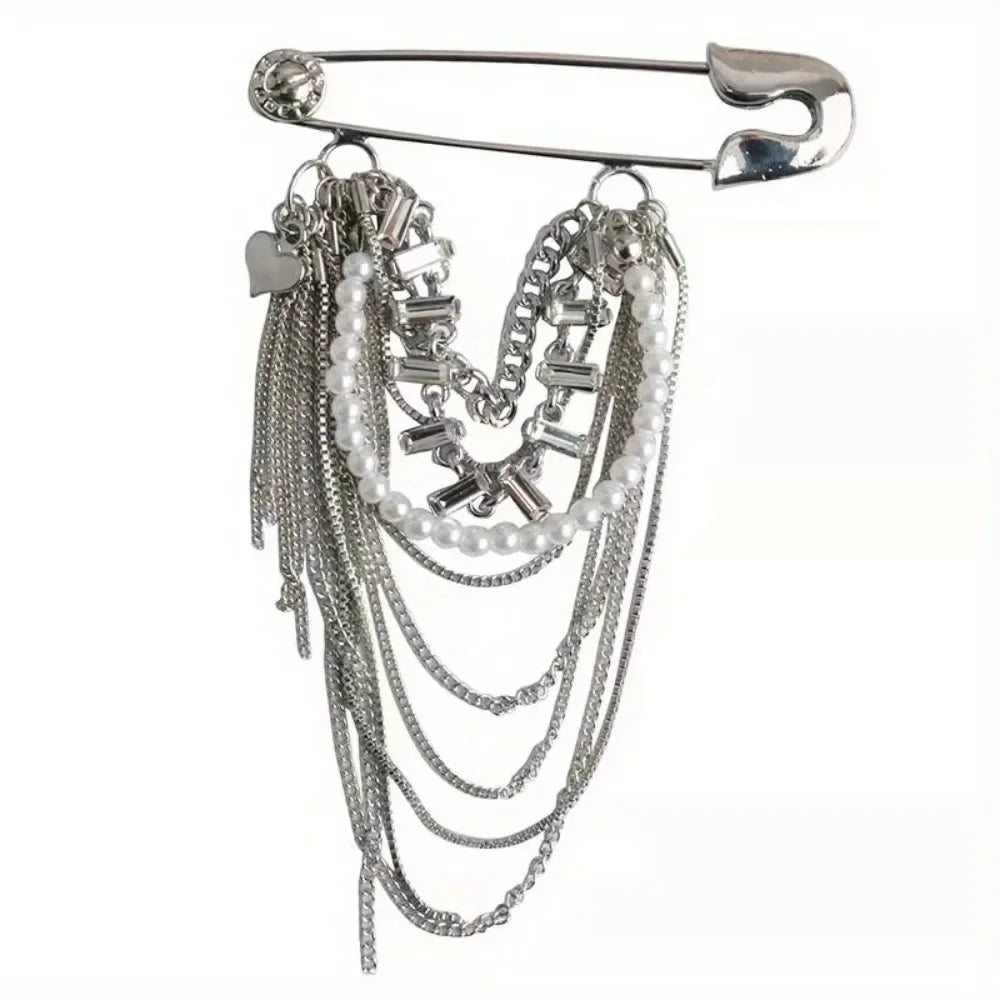 Punk Safety Pin Chain Tassel Statement Brooch Accessory