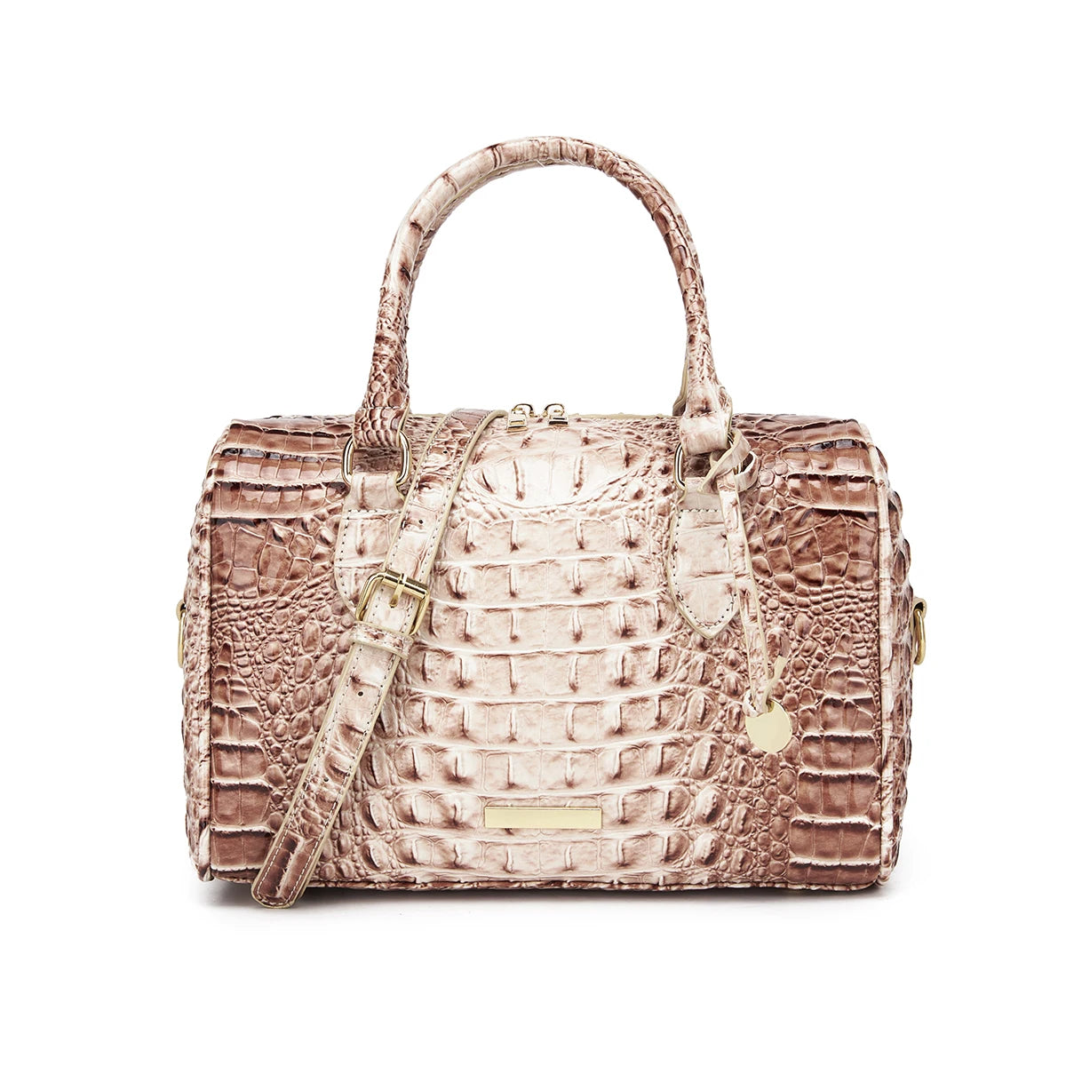 Embossed Top Handle Boston Satchel Bag with Detachable Crossbody Strap