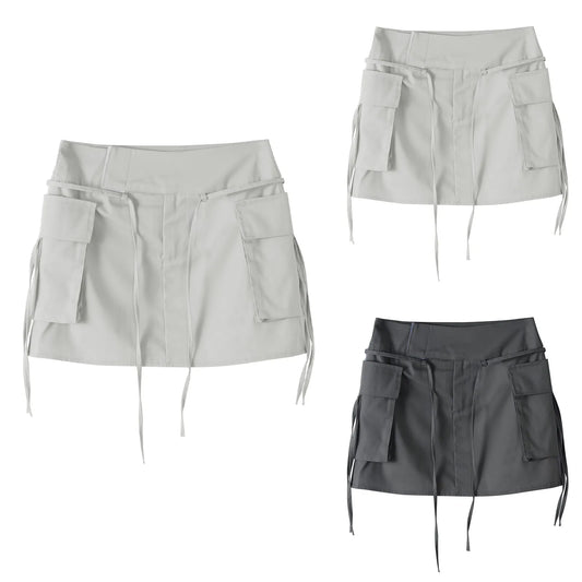 High Waist Cargo Mini Skirt with Lace-Up Detail and Utility Pockets