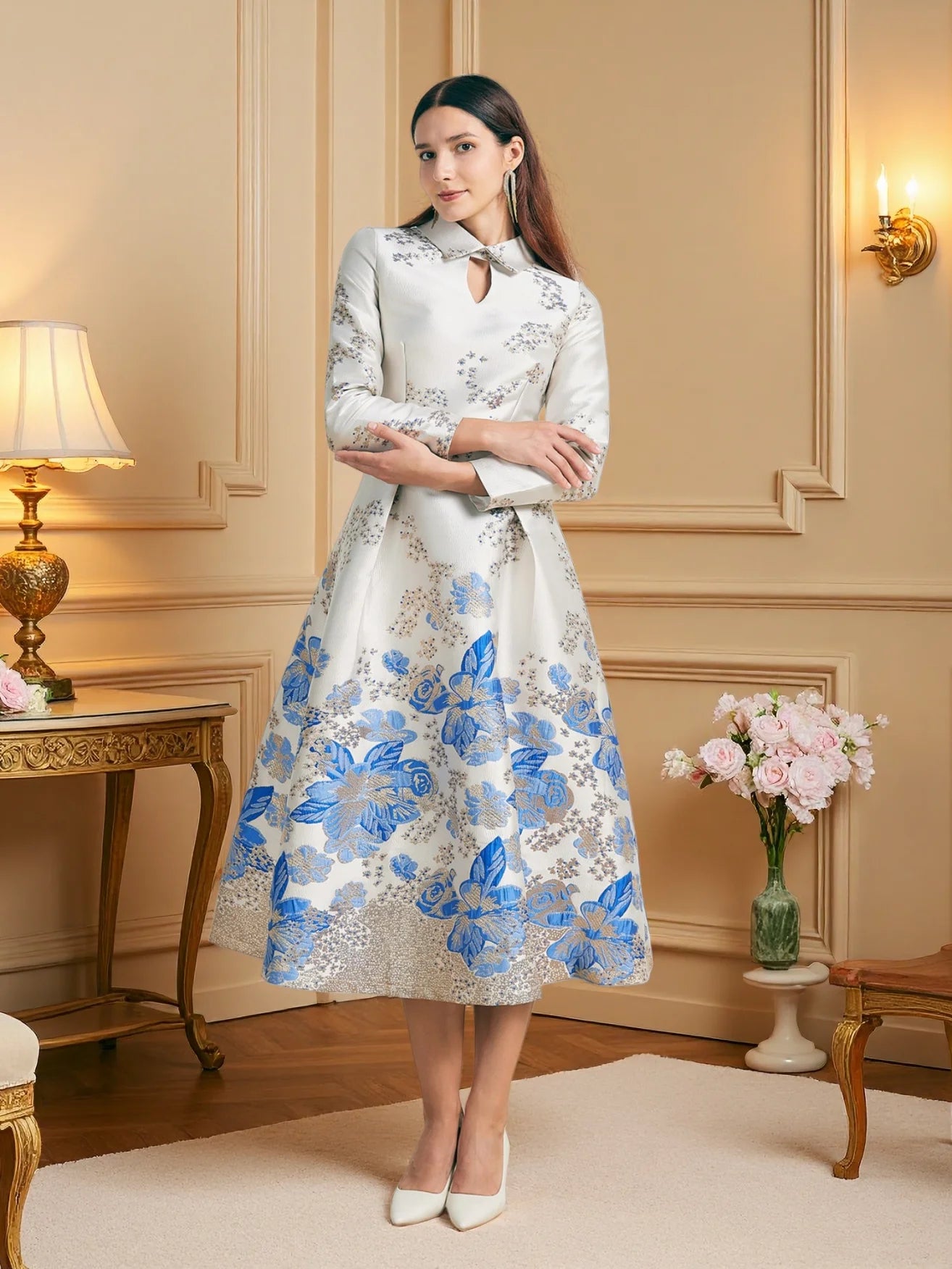 Elegant Embroidered Midi Dress with Soft Vintage Alternative Fashion Aesthetic