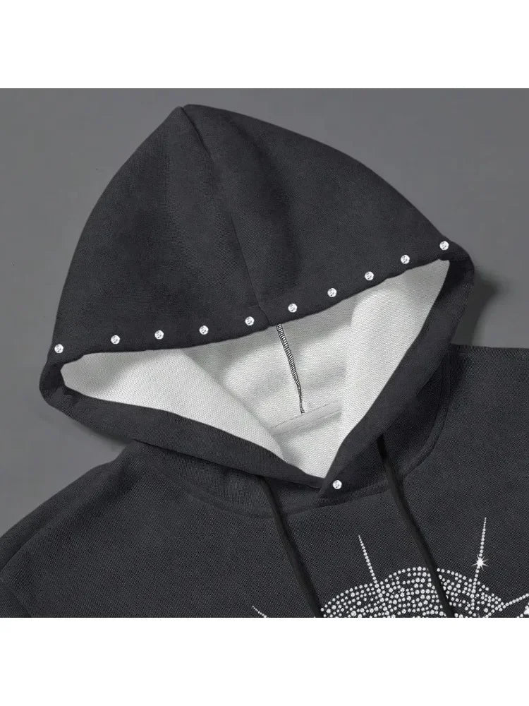 Vintage Washed Gothic Zip Hoodie With Anime Streetwear Artwork