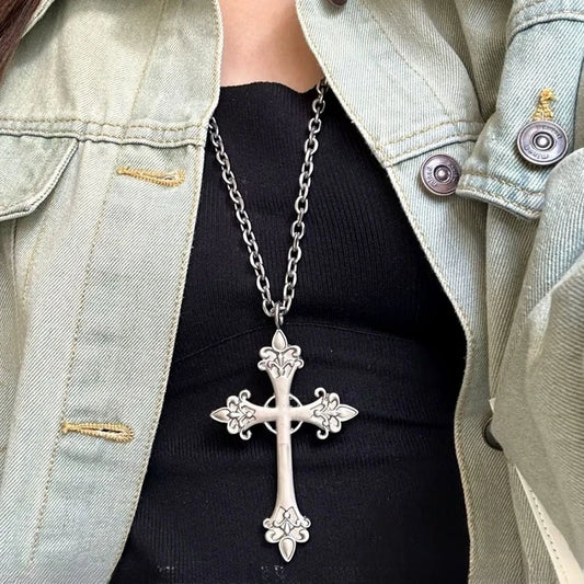 Vintage Gothic Cross Pendant Necklace With Layered Chain Y2K Punk Styling Accents