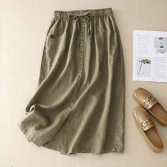 High Waist Button Front A-Line Midi Skirt with Side Slit Casual Everyday Style