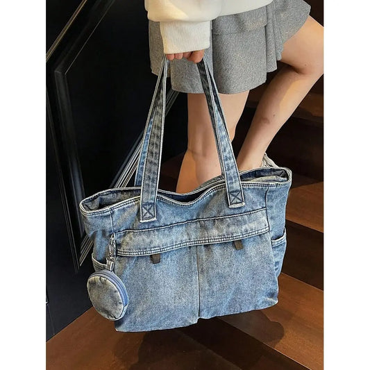 Washed Texture Utility Tote Shoulder Bag with Multi Pocket Design