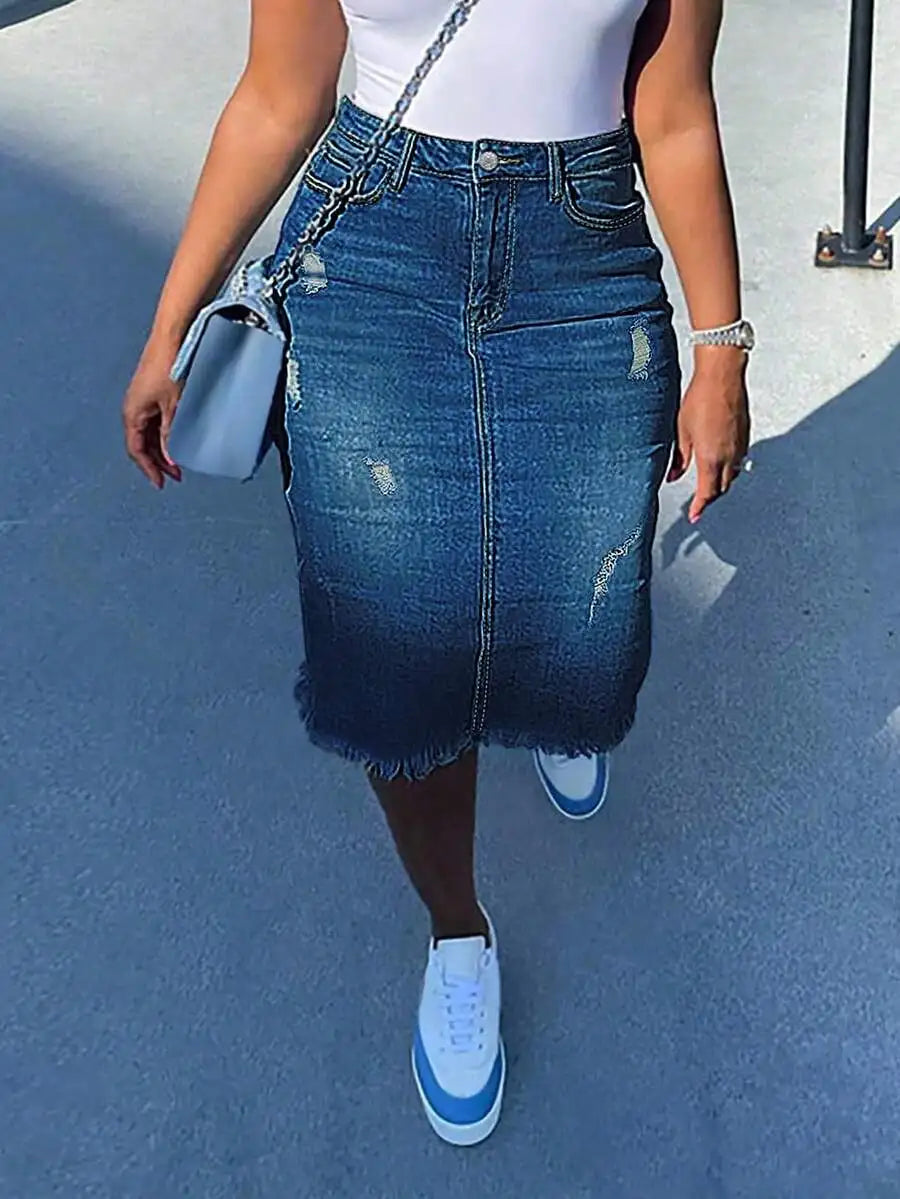 Distressed Denim Midi Skirt with Frayed Hem and Faded Wash Finish