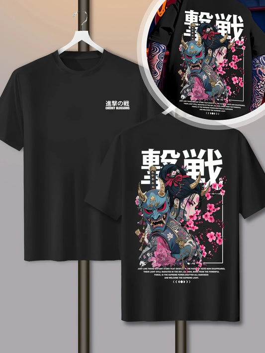 Oni Mask Anime Oversized Back Print Washed Streetwear Cotton T-Shirt