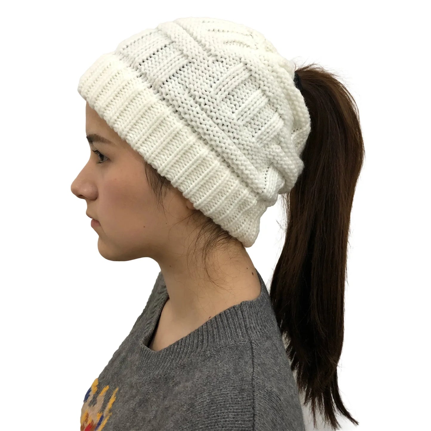 Open Top Acrylic Ponytail Knit Beanie for Winter Outdoor Casual Streetwear and Active Comfort