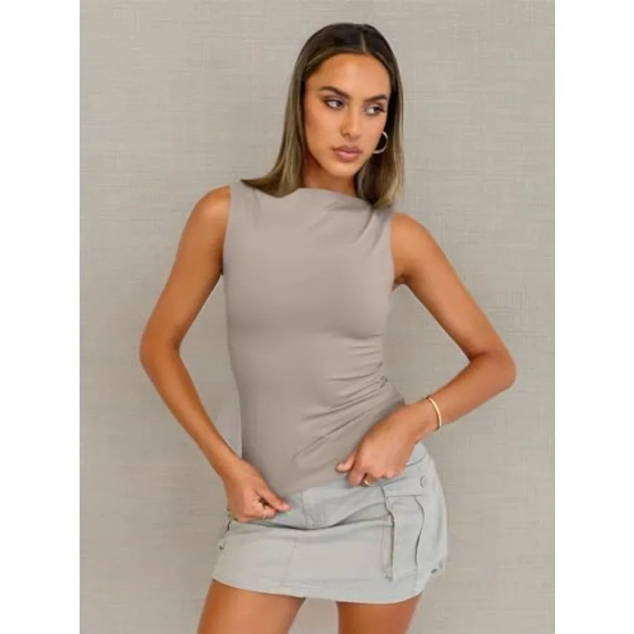 Sleeveless Side Ruched Tank Top with Slim Fit Stretch Everyday Streetwear Design