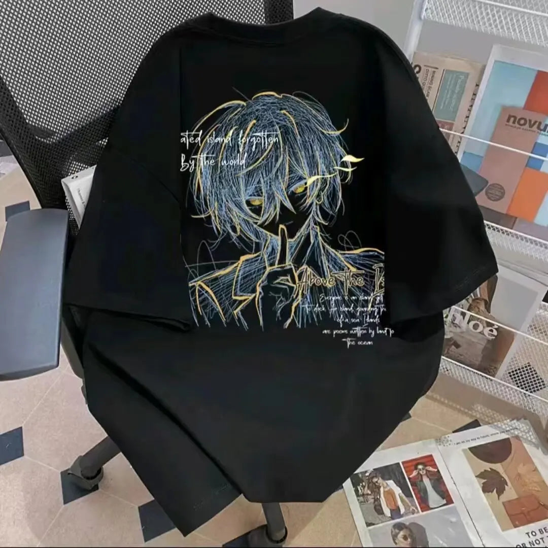 Neon Glitch Anime Graphic Oversized Soft Cotton Casual T-Shirt