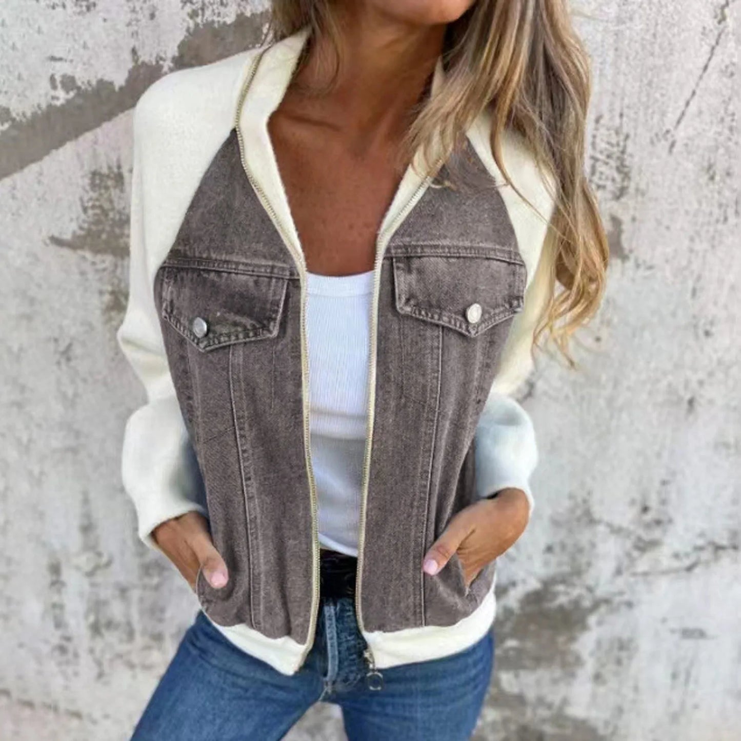 Women's Patchwork Denim Contrast Sleeve Button-Up Casual Streetwear Jacket