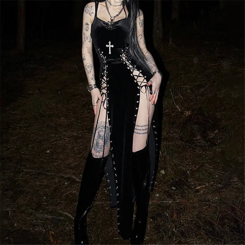 Dark Gothic Split-Leg Maxi Dress with Alternative Streetwear Aesthetic