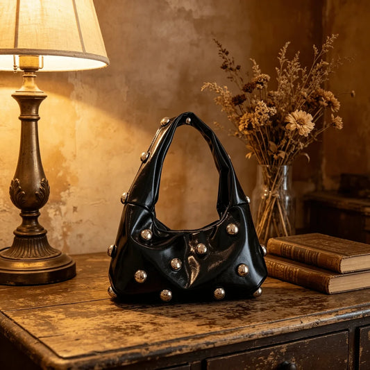 Vintage Inspired Half Moon Shoulder Bag with Rivet Accent Details