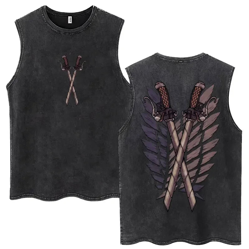 Dark Fantasy Winged Crest Sleeveless Tank Top with Alternative Streetwear Graphic Artwork