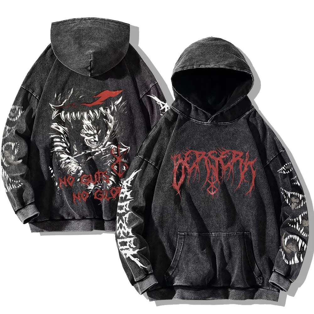 Vintage Washed Gothic Graphic Hoodie For Anime Streetwear Fashion