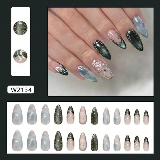 Celestial Marble Fantasy Press On Nails with Crystal Accent Art Design