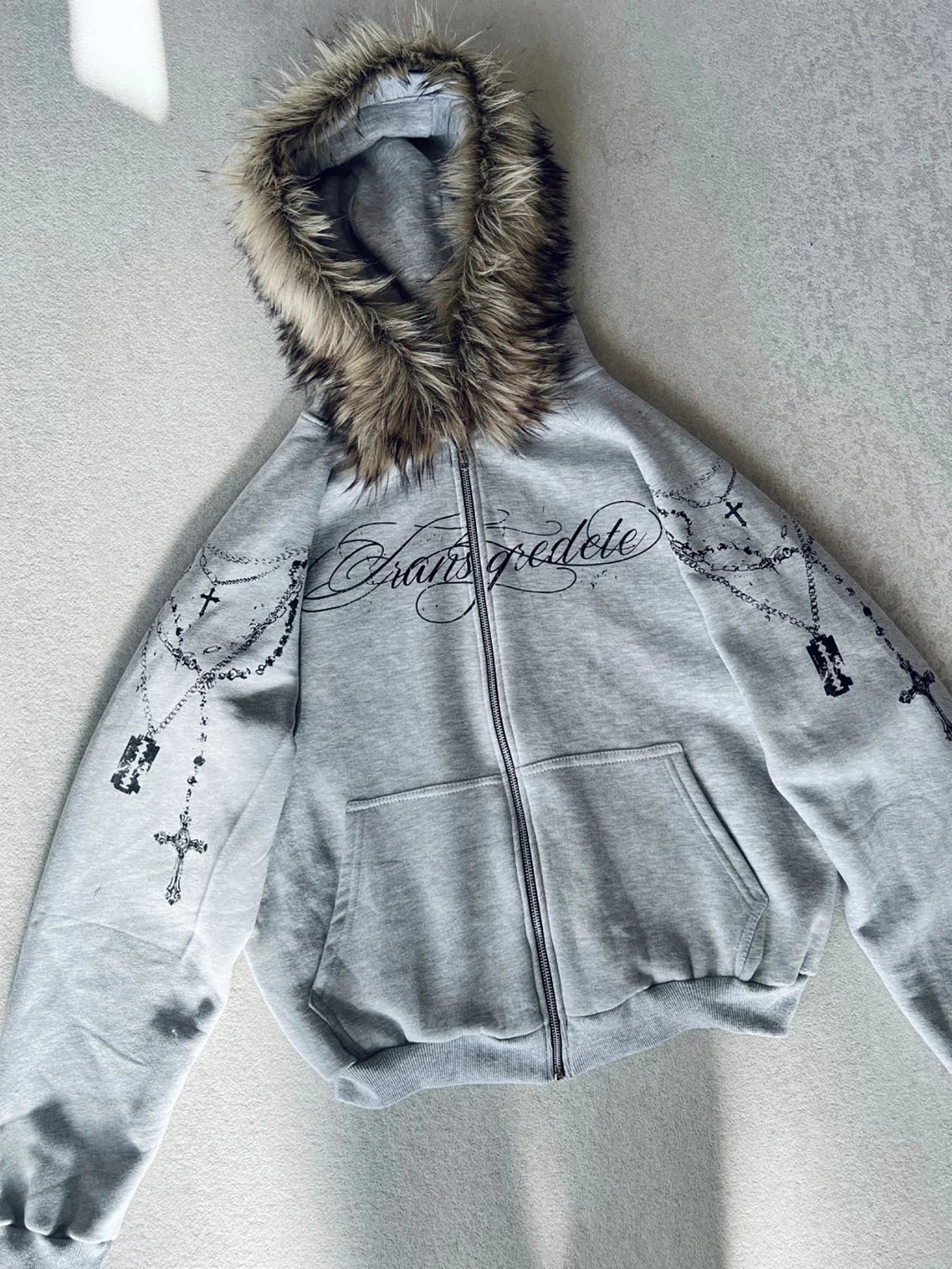 Cropped Anime Goth Zip Hoodie With Distressed Streetwear Aesthetic