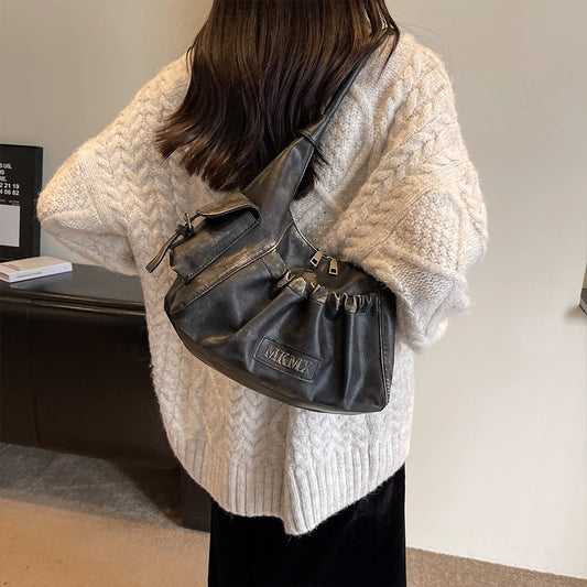 Vintage Half Moon Shoulder Bag with Soft Structured Zip Design