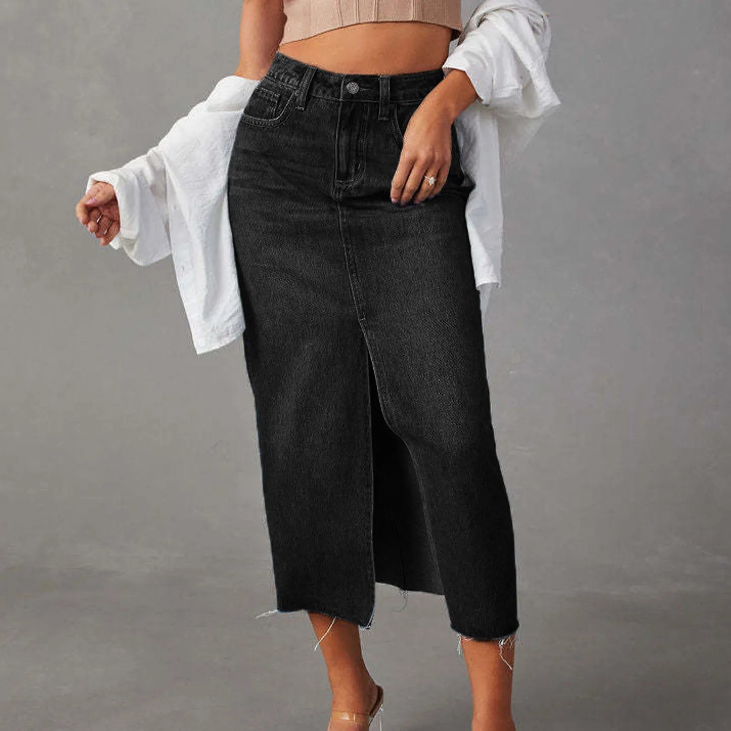 High Waist Denim Midi Skirt with Front Slit Casual Contemporary Everyday Fashion