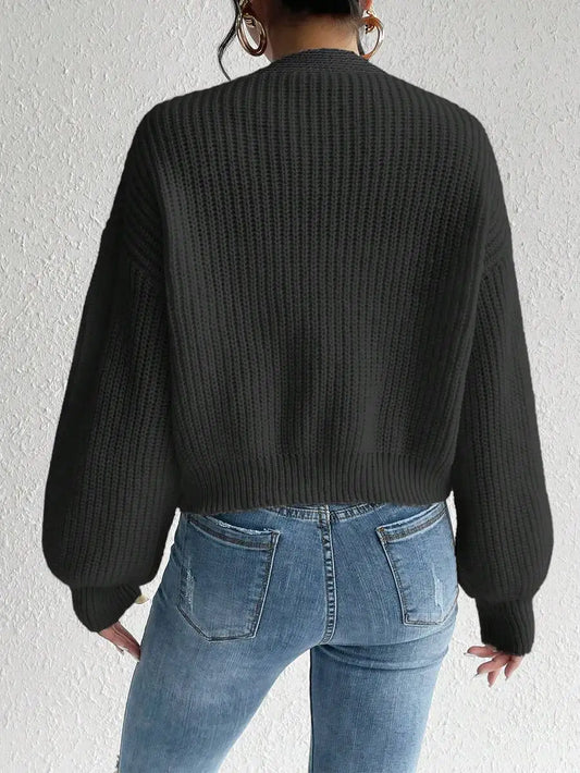 Women's Ribbed V Neck Button Front Cardigan with Cropped Relaxed Fit