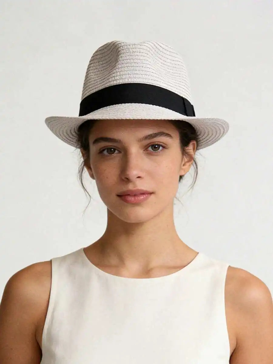 Unisex Woven Straw Fedora Sun Hat with Decorative Band for Casual Summer Outdoor Style