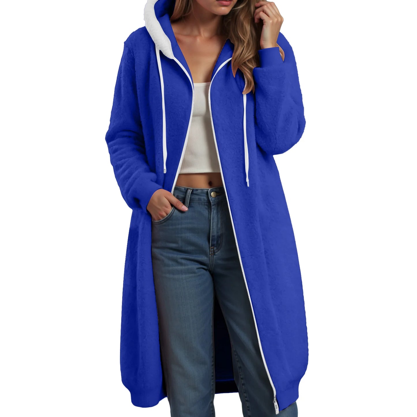 Longline Plush Fleece Hooded Jacket with Relaxed Streetwear Layering Fit