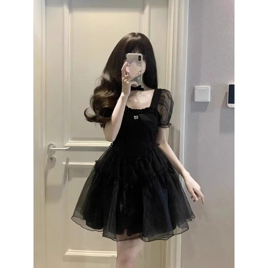 Anime-Inspired Gothic Tulle Mini Dress with Soft Kawaii Party Aesthetic