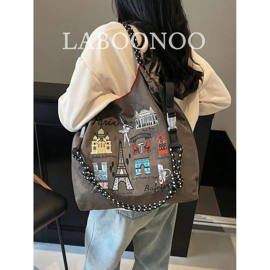 Graphic Embroidered Utility Tote Bag with Large Capacity Carry Design