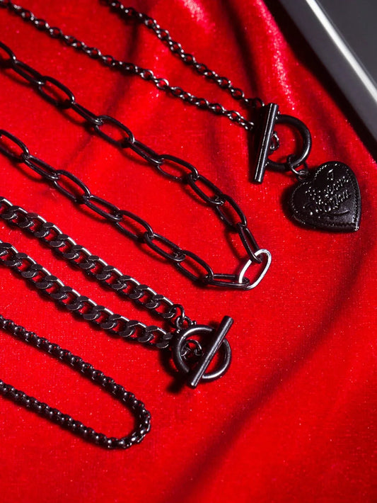 Dark Feminine Layered Chain Necklace Set with Heart Charm Accent