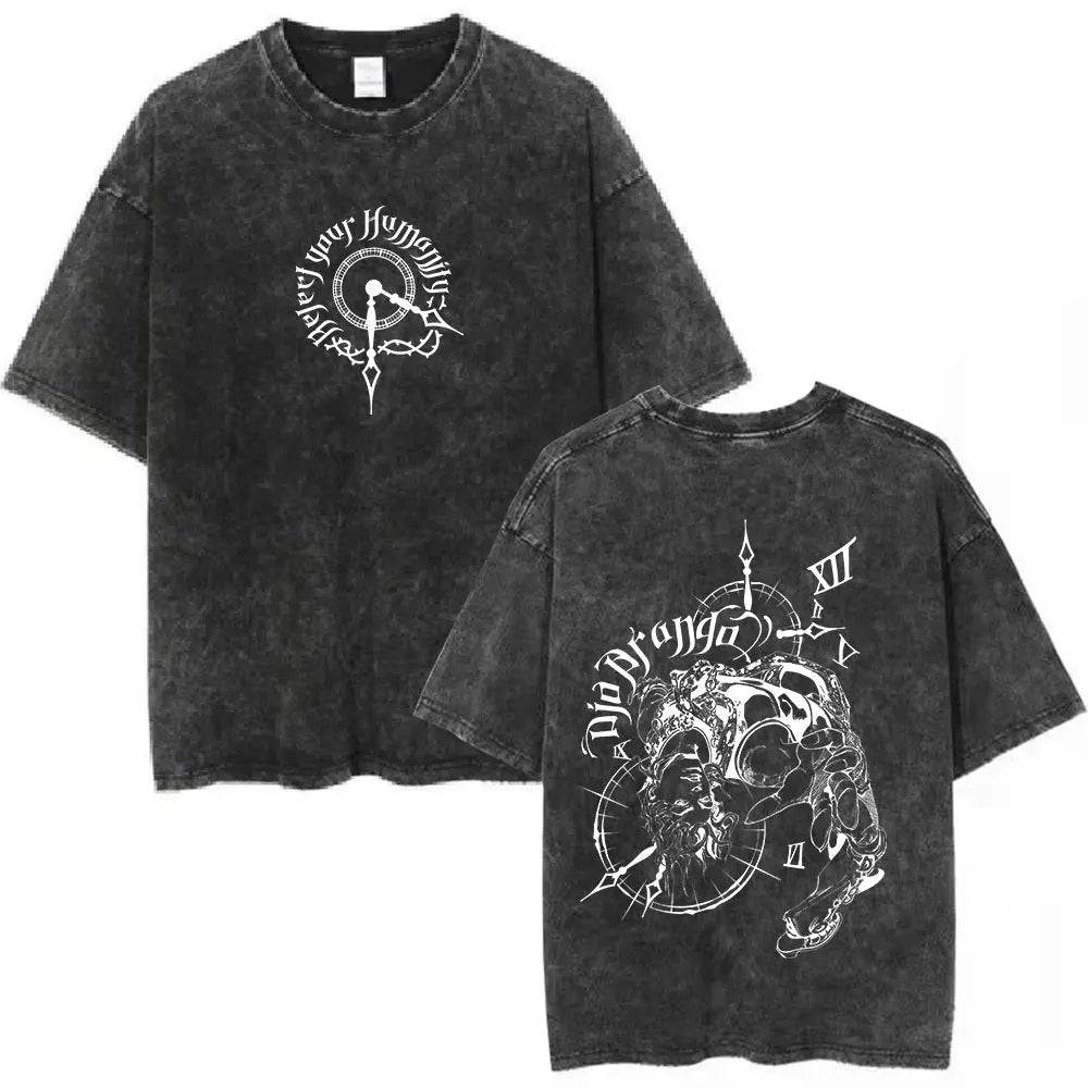 Anime Goth Oversized Washed Tee with Abstract Manga Skull Streetwear Design