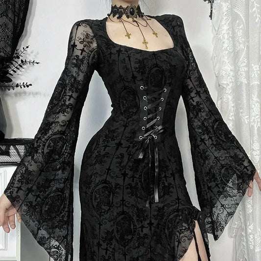 Elegant Lace Gothic Maxi Dress with Dark Alternative Fashion Aesthetic