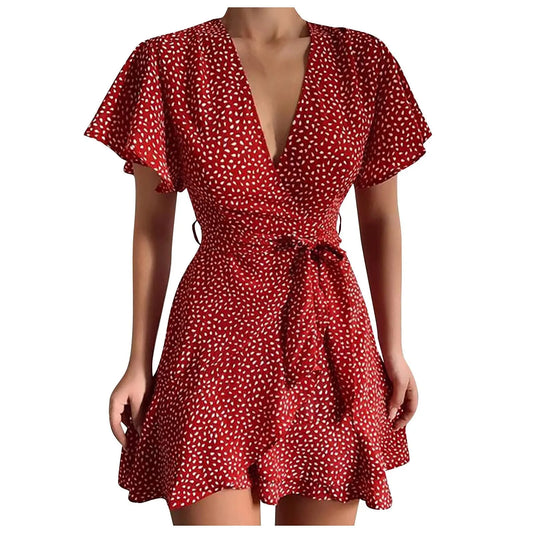 Floral Wrap Style Mini Dress with Ruffle Hem and Short Sleeves